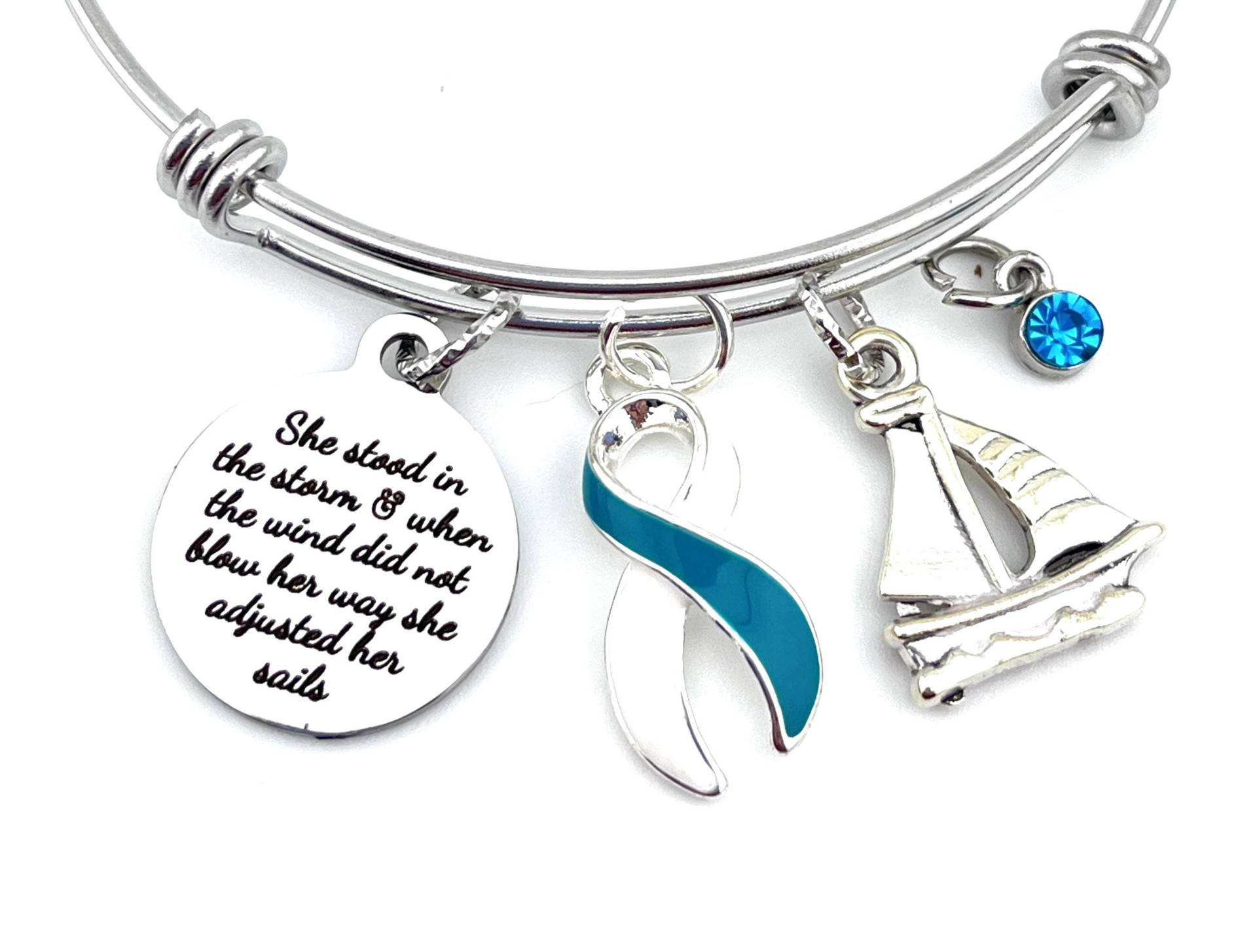 Cervical Cancer Awareness Armband - Türkis Und Weiße Band Anhänger Sie Stand Im Sturm Angepasst Ihre Segel von RockYourCauseJewelry