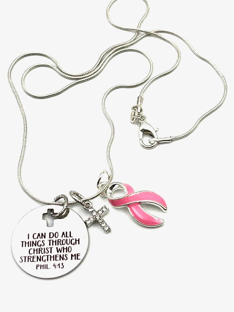 Kampf Gegen Brustkrebs Halskette - Pink Ribbon Charme Ich Kann Alles Durch Christus Tun Ermutigung von RockYourCauseJewelry