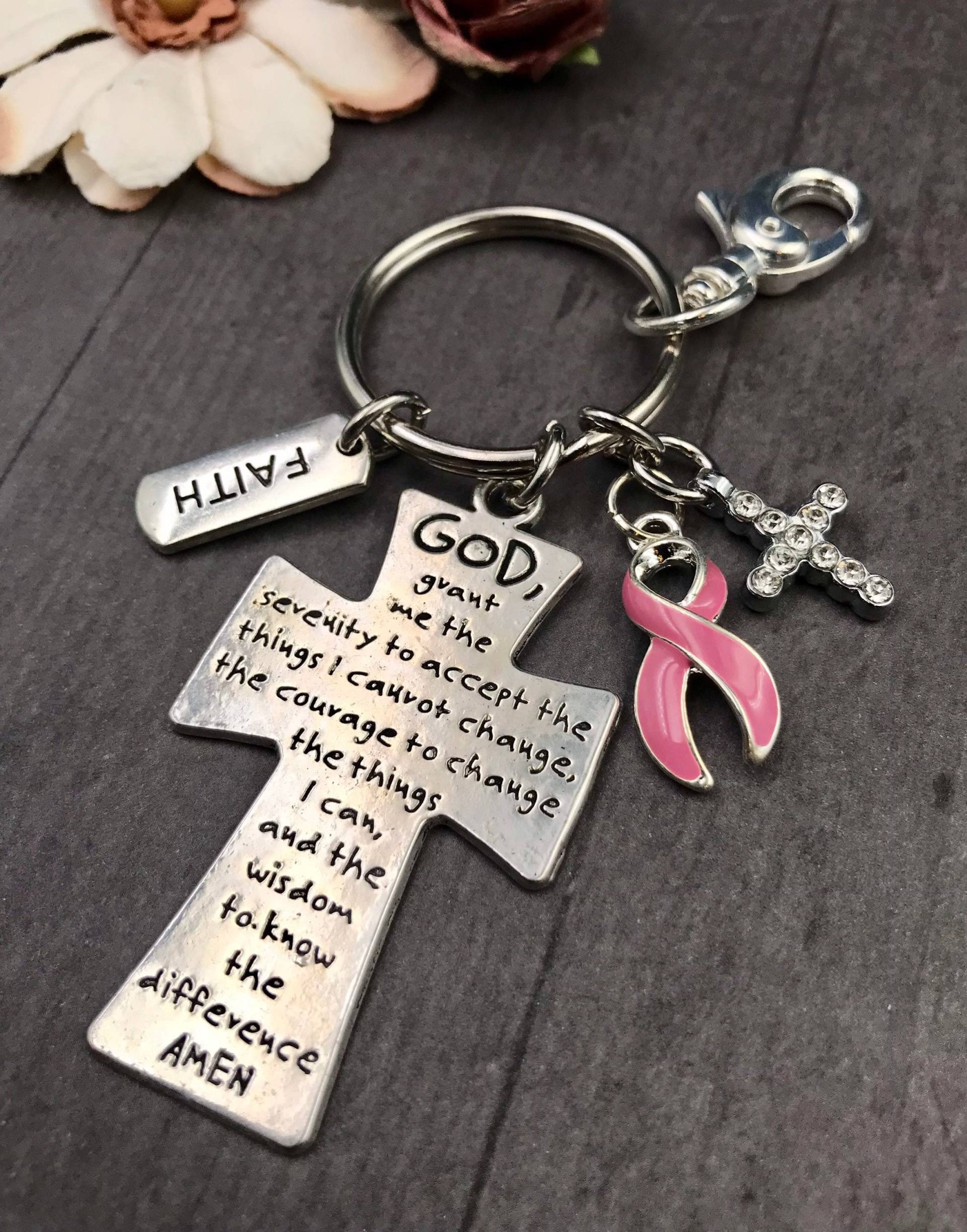 Pink Ribbon Schlüsselanhänger/Brustkrebs Überlebendes Bewusstsein Geschenk Brca Chemo - Gelassenheit Gebet von RockYourCauseJewelry