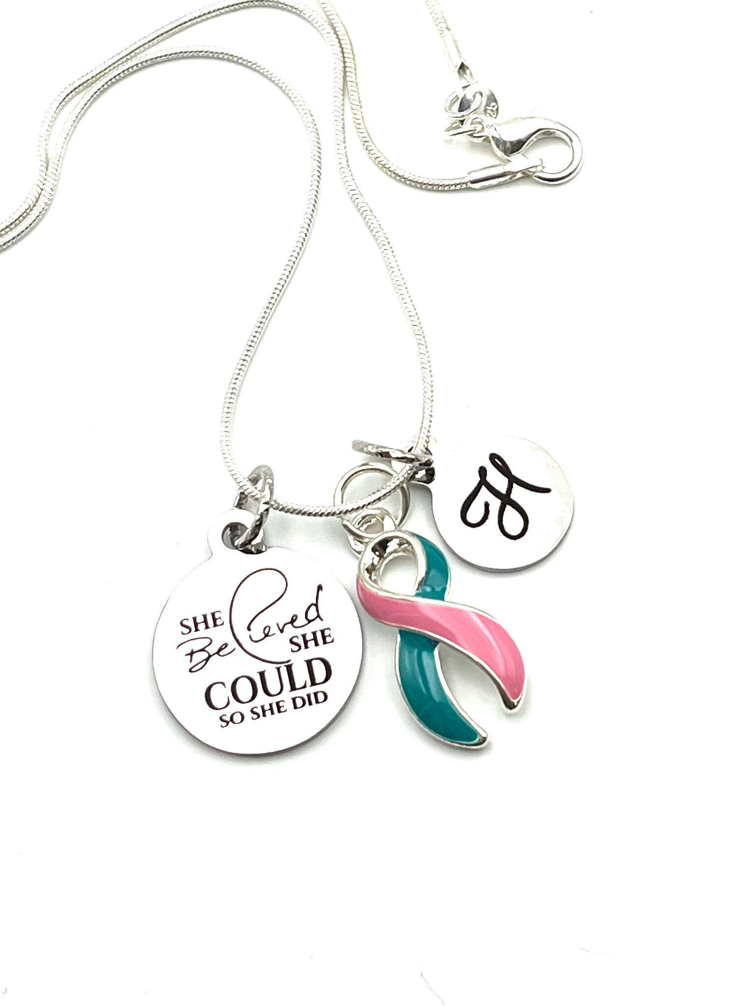 Previvor Halskette - Sie Glaubte, Sie Könnte So Tat Rosa Und Teal Ribbon Charm/Brca, Brca1, Brca2 Initial von RockYourCauseJewelry