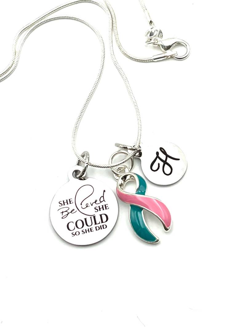 Previvor Halskette - Sie Glaubte, Sie Könnte So Tat Rosa Und Teal Ribbon Charm/Brca, Brca1, Brca2 Initial Previvor Halskette - Sie Glaubte, Sie Könnte So Tat Rosa Und Teal Ribbon Charm/Brca, Brca1, Brca2 Initial von RockYourCauseJewelry
