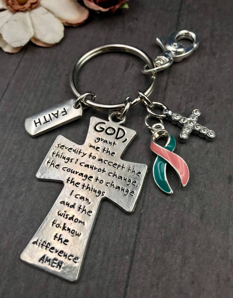 Previvor Serenity Prayer Keychain - Pink Und Teal Ribbon Charm Brca, Beidseitige Mastekomie, Hysterektomie Geschenk, Brca1, Brca2, Krebsgenetisch Previvor Serenity Prayer Keychain - Pink Und Teal Ribbon Charm Brca, Beidseitige Mastekomie, Hysterektomie Geschenk, Brca1, Brca2, Krebsgenetisch von RockYourCauseJewelry