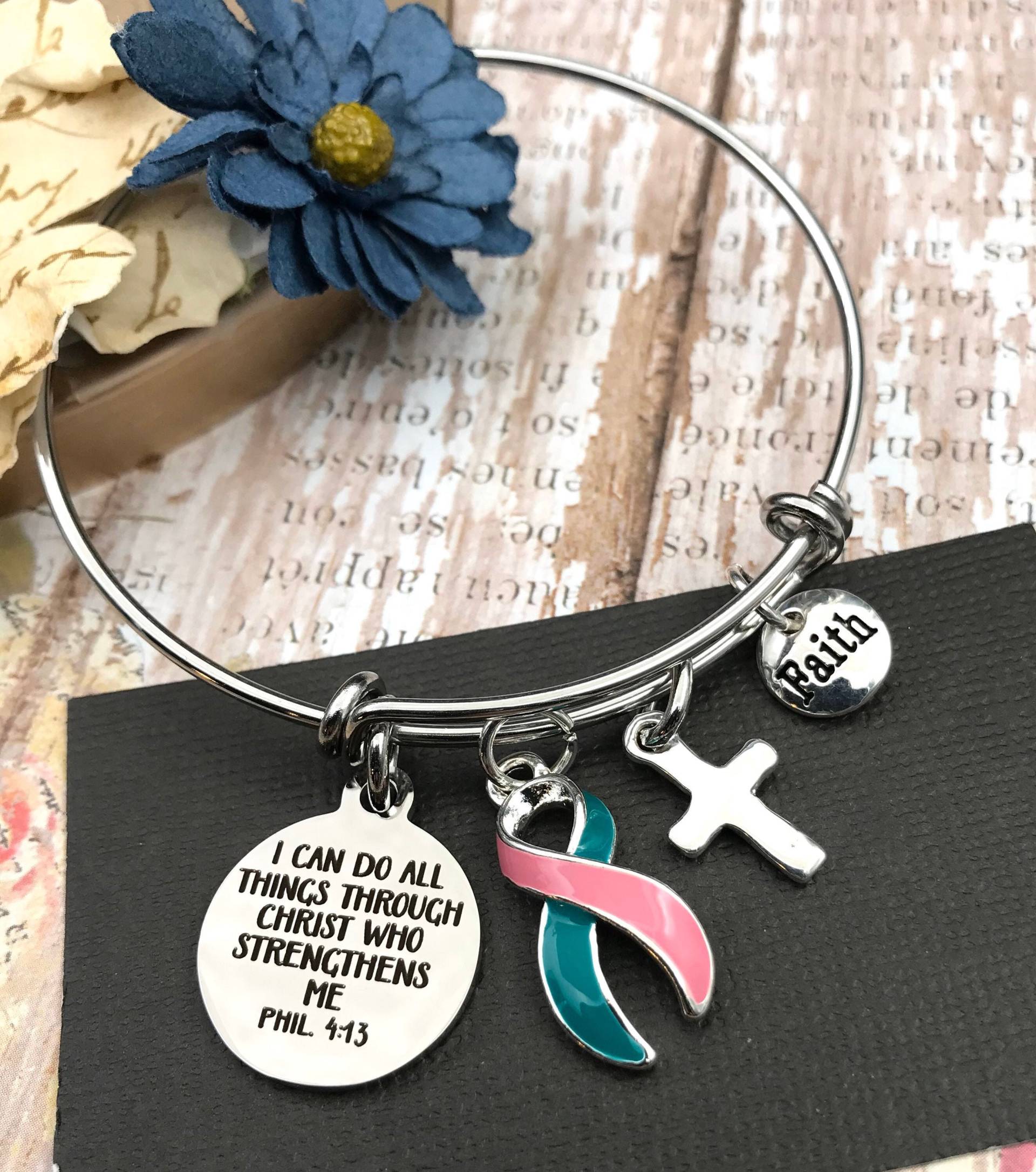 Rosa Und Petrol Band Charm Armband/Previvor Geschenk - Phil 413 Ich Kann Alle Dinge Durch Christus Krebs Chirurgie Chemo Tun von RockYourCauseJewelry