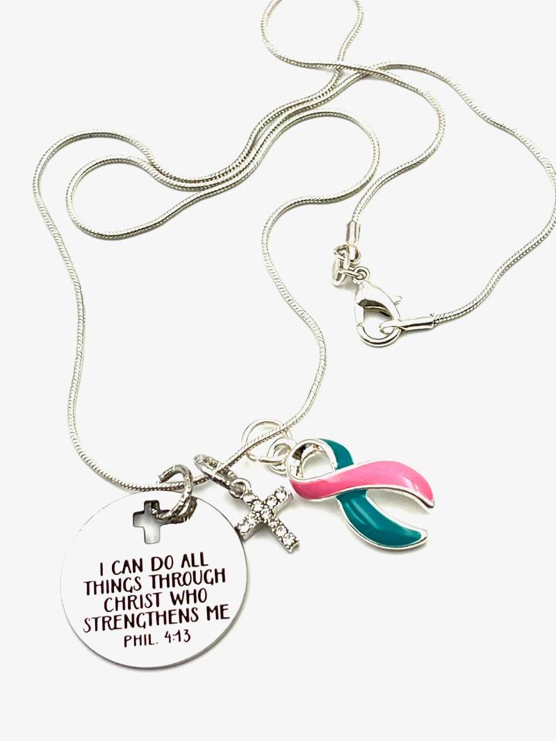 Teal & Pink Ribbon Anhänger Halskette - Ich Kann Alles Durch Ihn Tun/Previvor Awareness Brca Positiv Teal & Pink Ribbon Anhänger Halskette - Ich Kann Alles Durch Ihn Tun/Previvor Awareness Brca Positiv von RockYourCauseJewelry
