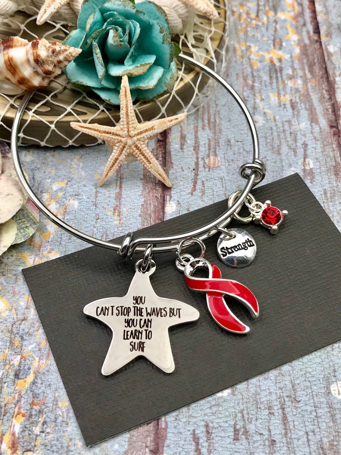 Wählen Sie Jede Farbbandfarbe - Können Wellen Nicht Stoppen, Aber Lernen Surfen/Seestern Ermutigung Charm Armband von RockYourCauseJewelry