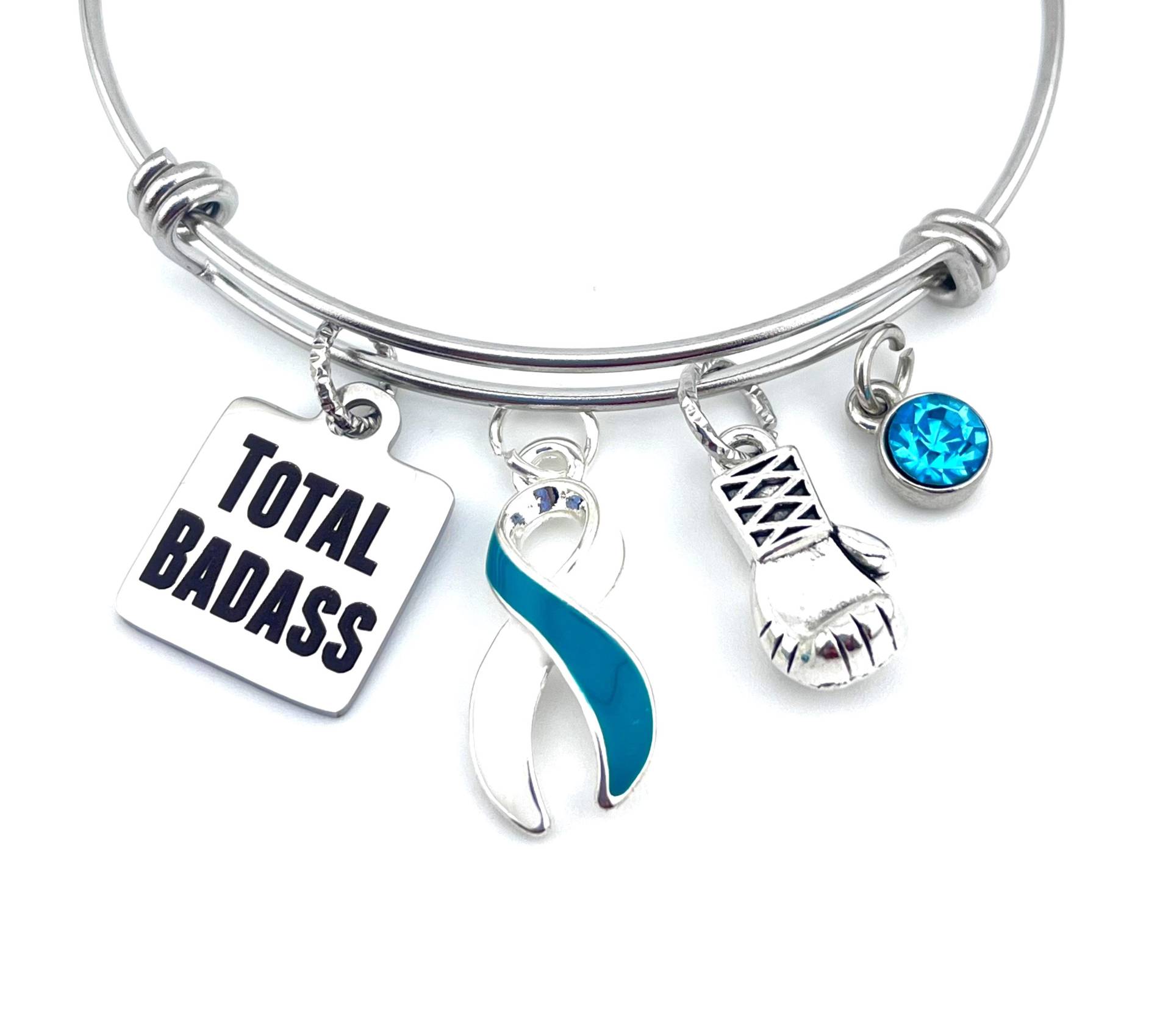 Zervikaler Krebs Bewusstsein/Survivor Charm Armband - Total Badass Boxhandschuh Teal & White Ribbon Schmuck Kampf Gegen Den von RockYourCauseJewelry