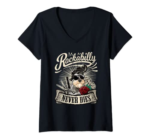 Damen Rock n Roll Never Dies Rockabilly Hundeliebhaber Schnauzer T-Shirt mit V-Ausschnitt von Rockabella und Rockabilly Geschenk Shop