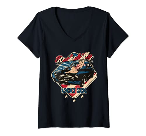 Damen USA Rockabilly Pin-Up Girl Rock n Roll Oldtimer Car T-Shirt mit V-Ausschnitt von Rockabella und Rockabilly Geschenk Shop