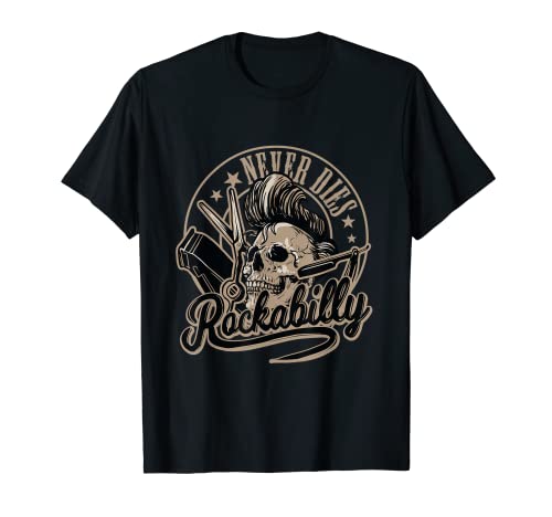 Herren Rockabilly Never Dies Schädel Barbier Barber Rocker Friseur T-Shirt von Rockabella und Rockabilly Geschenk Shop