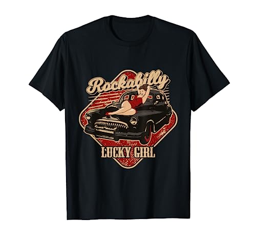 Rockabilly Hot Rod Oldtimer Lucky Girl Tattoo Pin-Up T-Shirt von Rockabella und Rockabilly Geschenk Shop