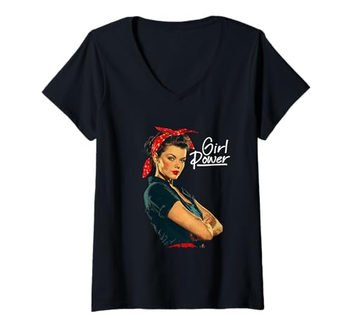 Damen Rockabilly Girl Power T-Shirt mit V-Ausschnitt von Rockabilly Damen