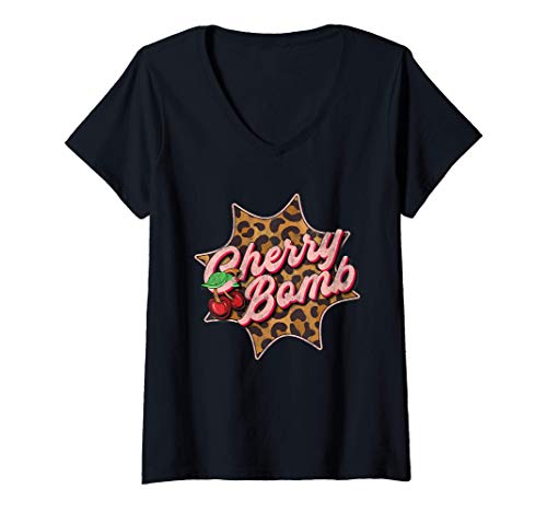 Damen Leo Look Vintage Retro Cherry Bomb Tattoo Rockabilly Damen T-Shirt mit V-Ausschnitt von Rockabilly Girls and Boys