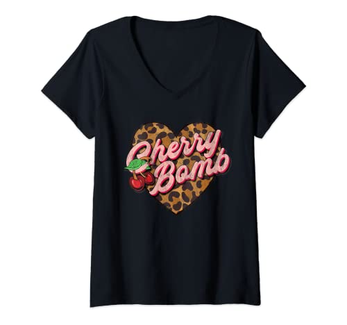Damen Leo Look Vintage Retro Cherry Bomb Tattoo Rockabilly Damen T-Shirt mit V-Ausschnitt von Rockabilly Girls and Boys
