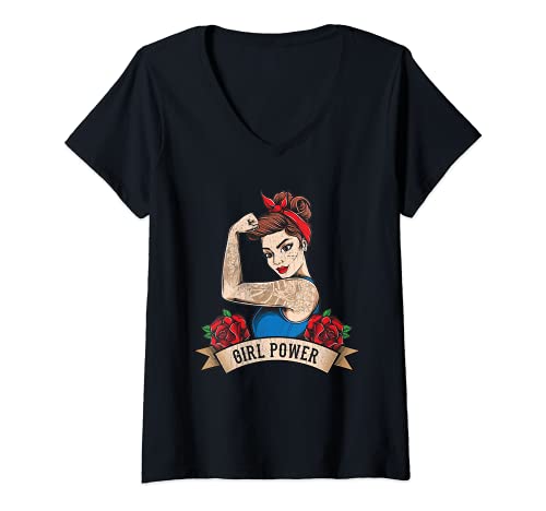 Damen Rockabilly Girl Vintage Retro Girl Power Tattoo Pin Up T-Shirt mit V-Ausschnitt von Rockabilly Girls and Boys
