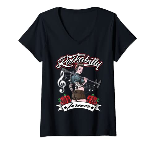 Damen Rockabilly Girl Vintage Retro Rock n Roll Tattoo Pin Up T-Shirt mit V-Ausschnitt von Rockabilly Girls and Boys