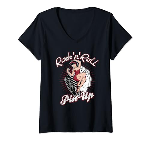 Damen Rockabilly Girl Vintage Retro Rock n Roll Tattoo Pin Up T-Shirt mit V-Ausschnitt von Rockabilly Girls and Boys