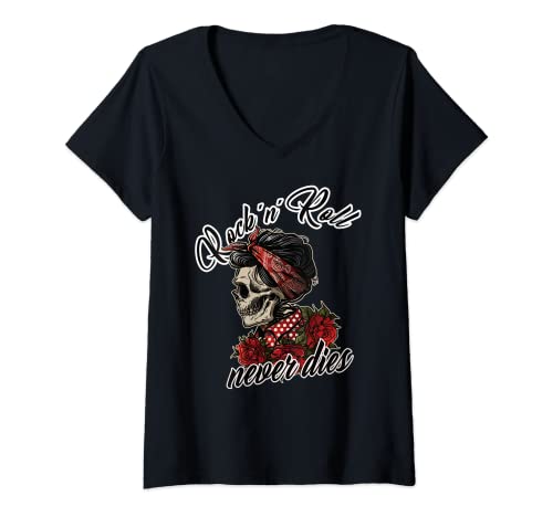 Damen Rockabilly Girl Vintage Retro Rock n Roll Tattoo Pin Up T-Shirt mit V-Ausschnitt von Rockabilly Girls and Boys