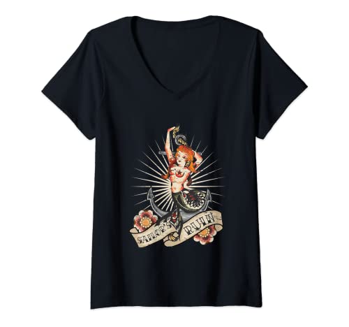 Damen Rockabilly Mädchen Vintage Retro Meerjungfrau Tattoo Pin Up T-Shirt mit V-Ausschnitt von Rockabilly Girls and Boys