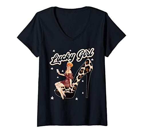 Damen Rockabilly Vintage Retro Lucky Girl Tattoo High Heel Pin Up T-Shirt mit V-Ausschnitt von Rockabilly Girls and Boys