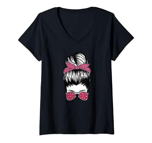 Damen Messy Bun Retro Rockabilly Girl T-Shirt mit V-Ausschnitt von Rockabilly Motive