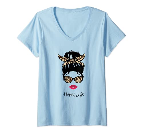 Damen Funny Lady Leo Print Rockabily Style Retro Frau Happy Life T-Shirt mit V-Ausschnitt von Rockabily Retro Lady Designs mit Sonnenbrille