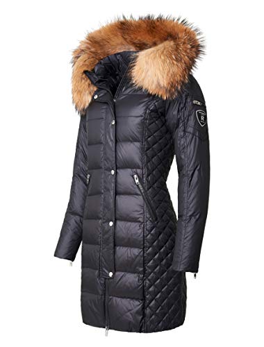 RockandBlue Lange Daunenjacke Daunenmantel - Damen Winterjacke mit Daunen gefüllt und mit Echtfell Kapuze - Beam (46, Schwarz/Natural) von RockandBlue