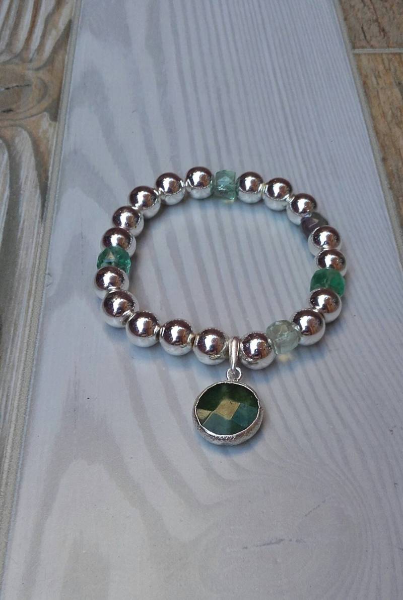 Armband Kugeln Licht Hämatit Runde Fluorit Schmuck Anhänger Quarz Kristall Facettierten Silber Rahmen 925 Promotion Entwässern Sie von RockandRoseBijou