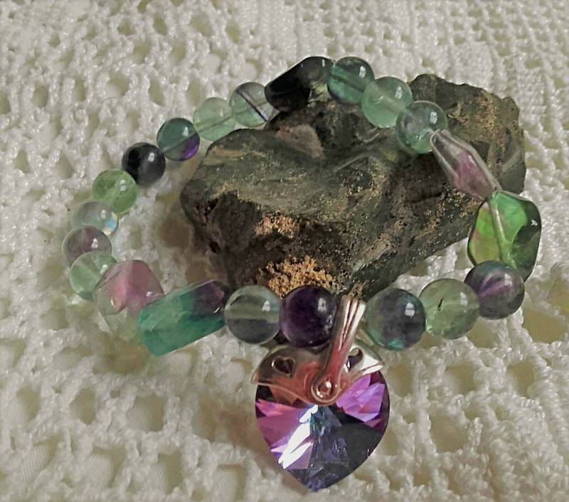 Runde Und Unregelmäßige Fluorit Perle Armband Anhänger Herz Swarosvky Mistico Umringt Laminiert Silber Frau Geburtstag 40 Aus von RockandRoseBijou