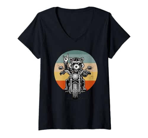 Damen Rocker Raccoon Lover Rock Sign Retro Trash Biker Racoon T-Shirt mit V-Ausschnitt von Rocker Racoon Biker Cute Funny Rocking Raccoon