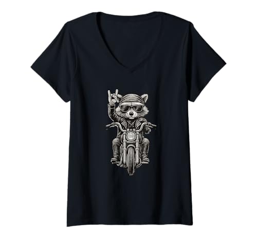 Damen Rocker Raccoon Lover Rock Sign Retro Trash Biker Racoon T-Shirt mit V-Ausschnitt von Rocker Racoon Biker Cute Funny Rocking Raccoon