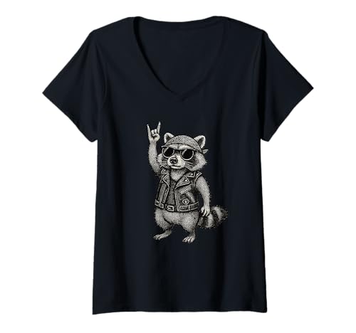 Damen Rocker Raccoon Lover Rock Sign Retro Trash Biker Racoon T-Shirt mit V-Ausschnitt von Rocker Racoon Biker Cute Funny Rocking Raccoon
