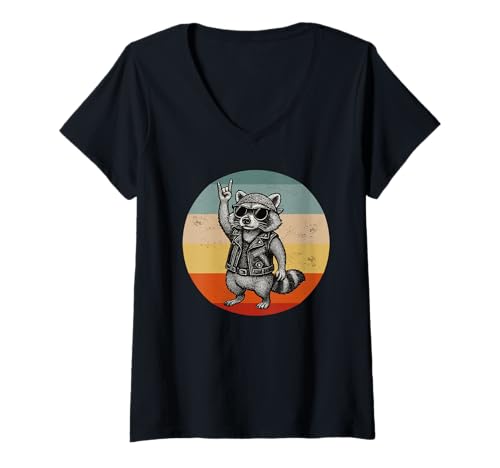 Damen Rocker Raccoon Lover Rock Sign Retro Trash Biker Racoon T-Shirt mit V-Ausschnitt von Rocker Racoon Biker Cute Funny Rocking Raccoon