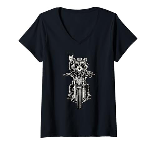 Damen Rocker Raccoon Lover Rock Sign Retro Trash Biker Racoon T-Shirt mit V-Ausschnitt von Rocker Racoon Biker Cute Funny Rocking Raccoon