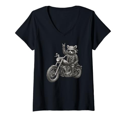 Damen Rocker Raccoon Lover Rock Sign Retro Trash Biker Racoon T-Shirt mit V-Ausschnitt von Rocker Racoon Biker Cute Funny Rocking Raccoon