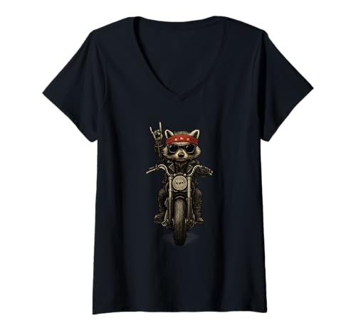 Damen Rocker Waschbär Lover Rock Sign Retro Trash Biker Racoon T-Shirt mit V-Ausschnitt von Rocker Racoon Biker Cute Funny Rocking Raccoon