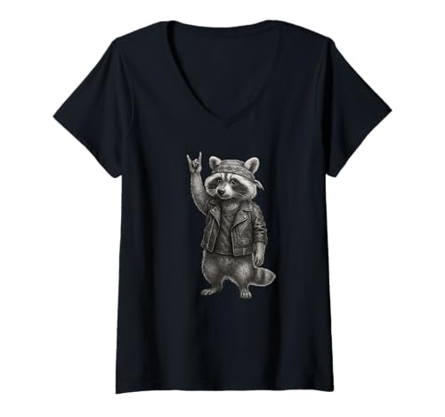 Damen Rocker Waschbär Lover Rock Sign Retro Trash Biker Racoon T-Shirt mit V-Ausschnitt Damen Rocker Waschbär Lover Rock Sign Retro Trash Biker Racoon T-Shirt mit V-Ausschnitt von Rocker Racoon Trash Cute Funny Rocking Raccoon