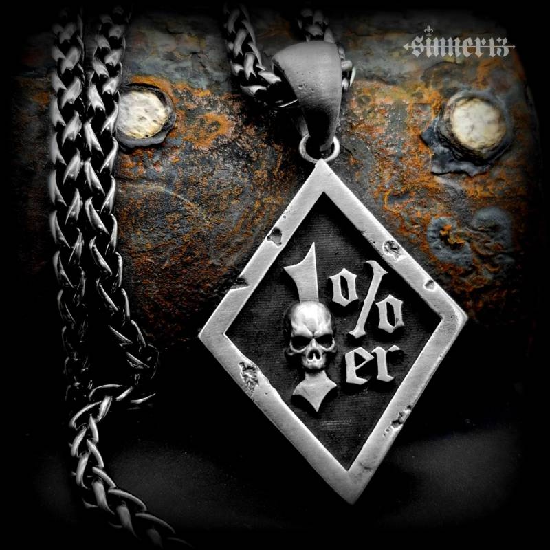 1%er Anhänger Aus 925 Sterling Silber Sinner13 Rustikale Oberfläche One Percenter Outlaw Skull Totenkopf von Rockerschmuck666