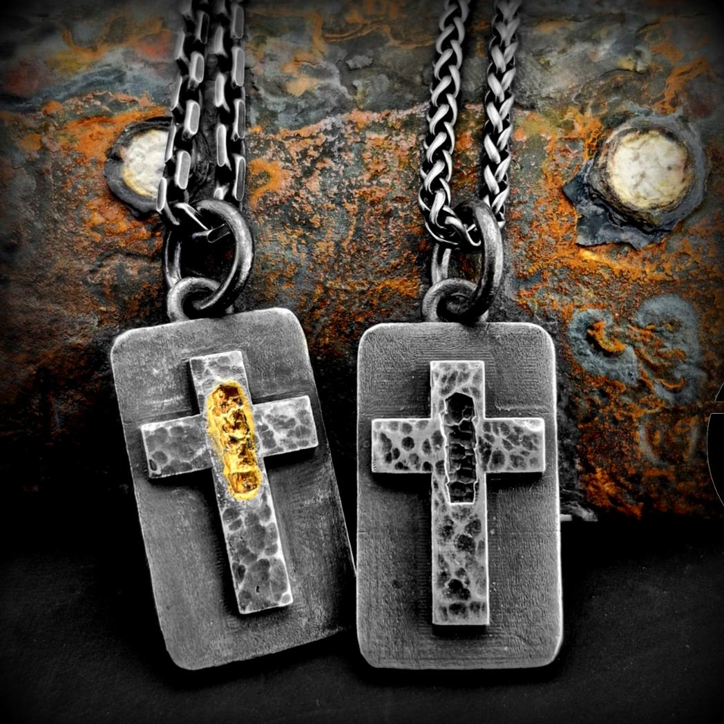Kreuz Anhänger 925 Silber 24 Karat Gold Rustikal Verarbeitet von Rockerschmuck666