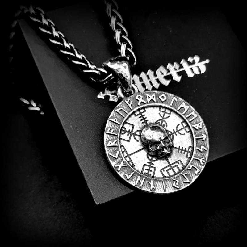 Vegvisir Kompass Wikinger/Totenkopf Skull Anhänger 925 Silber Mit Kette von Rockerschmuck666