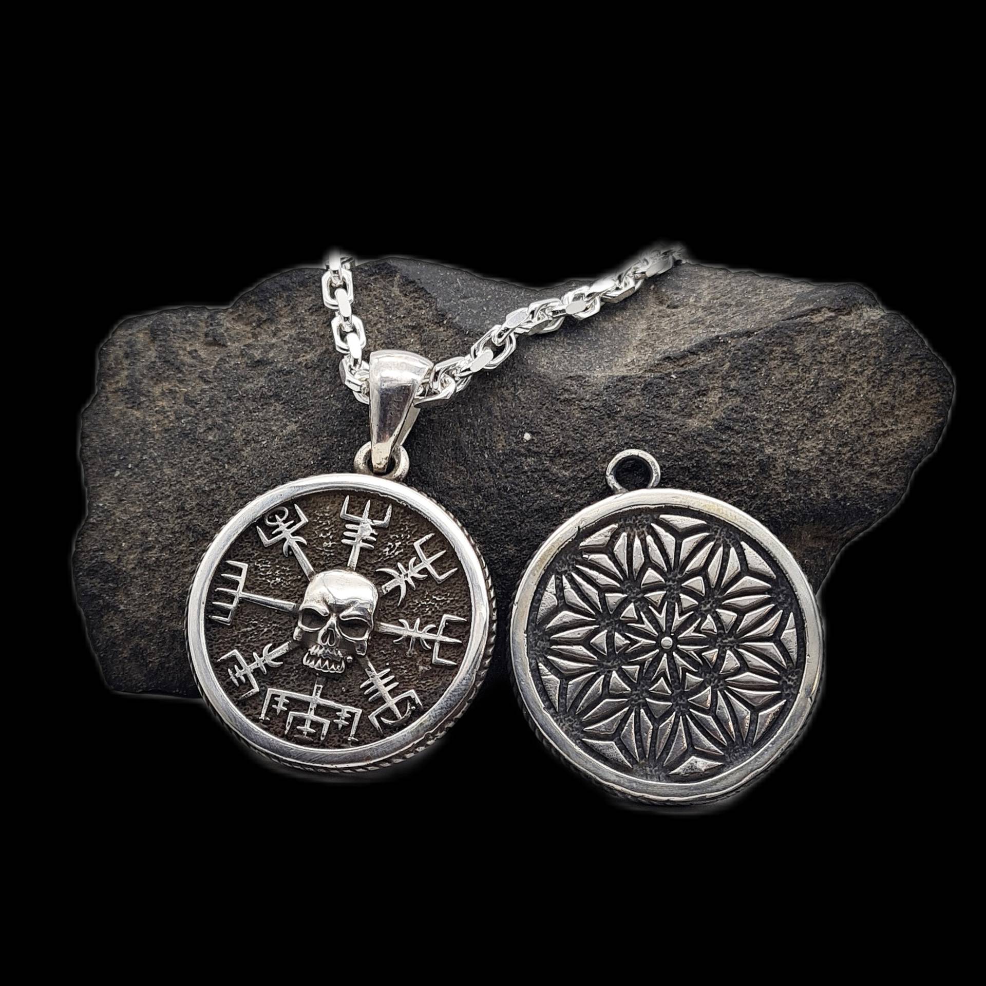 Vegvisir Kompass Wikinger/Totenkopf Skull Anhänger 925 Silber Mit Kette von Rockerschmuck666