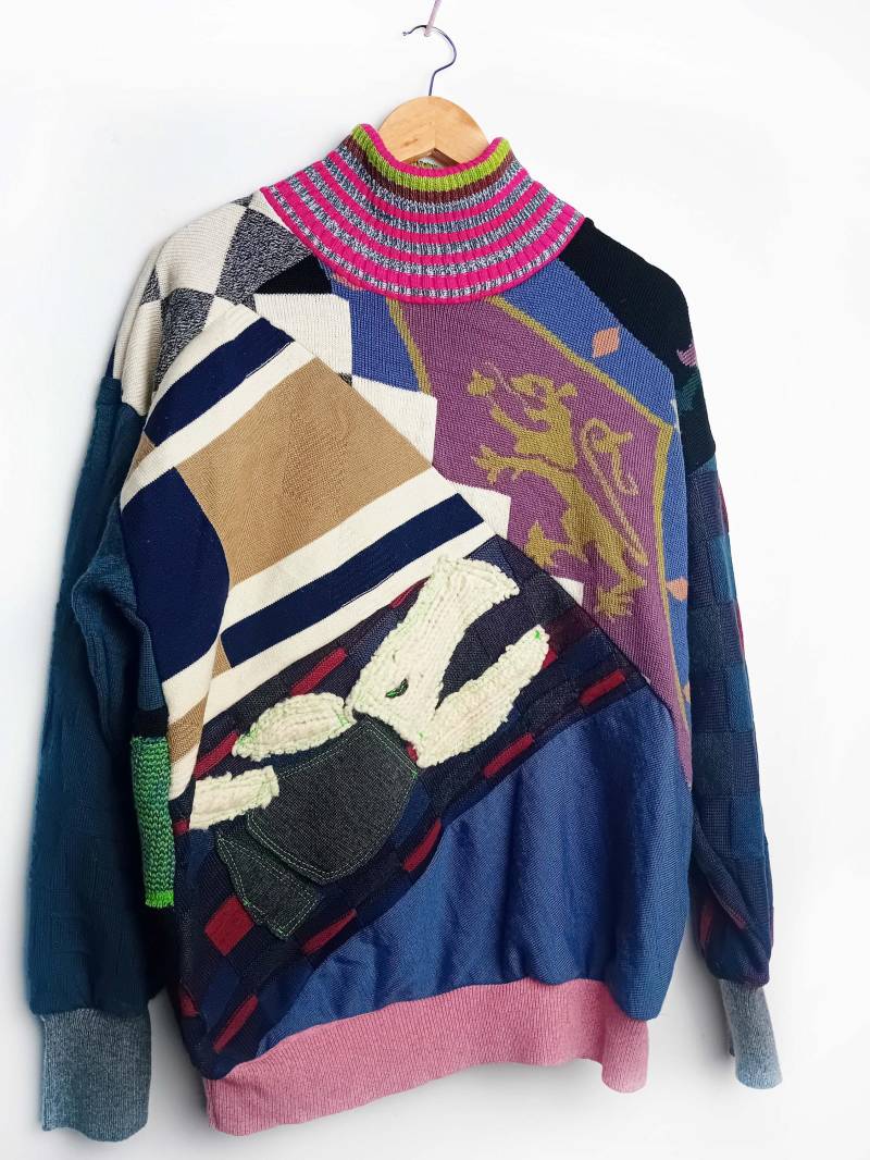 Upcycled Strickpullover Rosa Blau Braun Wolle von RocketcrunchShop