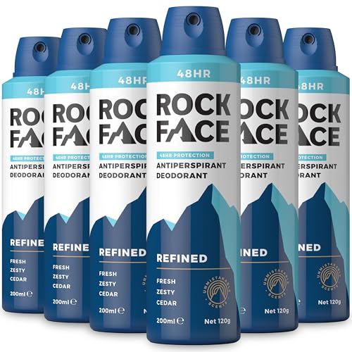 Rock Face Anti-Transpirant Deodorant für Männer – Raffinierter Sandelholz- & Zedernduft, 200 ml Spray, 48 Stunden Schutz, nicht fleckig, Multipack mit 6 Stück von Rockface