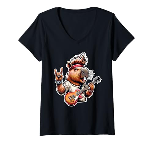 Damen Rocking Capybara Gitarrist Funny Animal Music Lovers T-Shirt mit V-Ausschnitt Damen Rocking Capybara Gitarrist Funny Animal Music Lovers T-Shirt mit V-Ausschnitt von Rockin' Capybara Guitar Fans