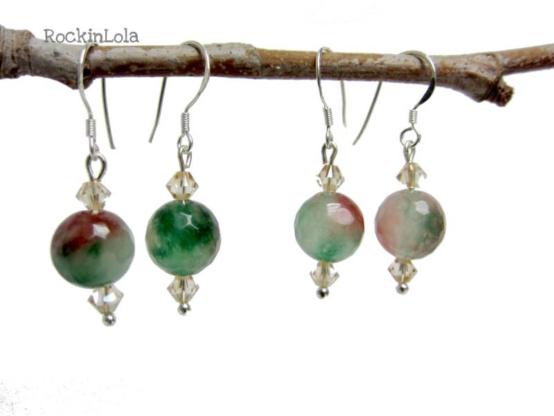 Grüner Und Roter Achat-Ohrringe-Weihnachtsohrringe-Swarovski Kristall-sterling Silberne Ohrhaken-Handgefertigt Von Rockinlola von RockinLola