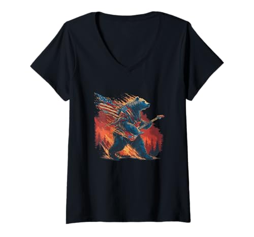 Damen Schaukelbär mit E-Gitarre und Burning Forest T-Shirt mit V-Ausschnitt Damen Schaukelbär mit E-Gitarre und Burning Forest T-Shirt mit V-Ausschnitt von Rocking Bear Outfit