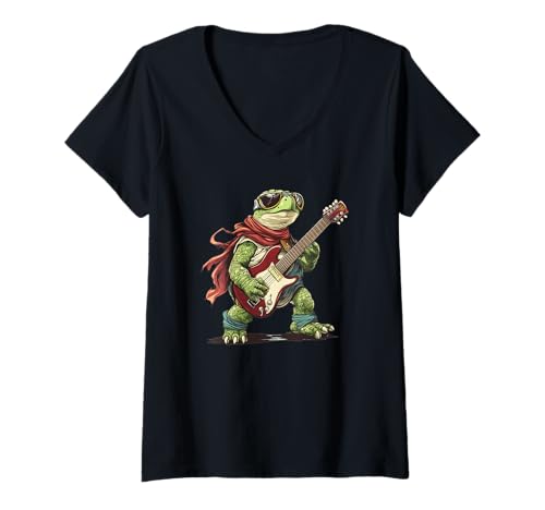 Damen Lustiges Turtle Rockin' the Sound Waves Outfit T-Shirt mit V-Ausschnitt von Rocking Turtle