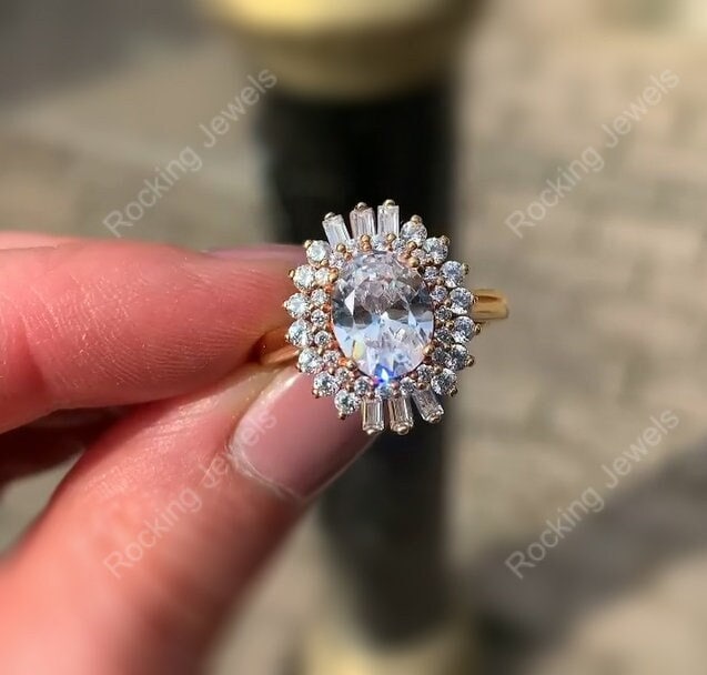 Art Deco Ballerina Ring, Moissanit Starburst Verlobungsring, Gatsby Inspirierte Ringe Für Frauen, 925 Silber Doppel Heiligenschein Oval Ring von RockingJewels