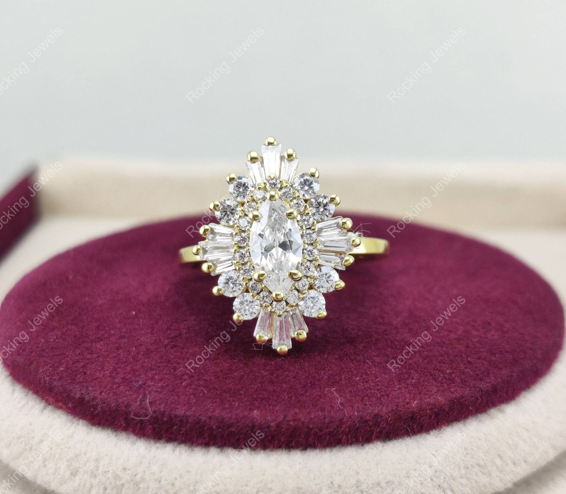 Doppel Halo Starburst Verlobungsring, Marquise Moissanit Diamant Ring, Silber Ballerina Einzigartiger Gatsby Antiker Ehering von RockingJewels