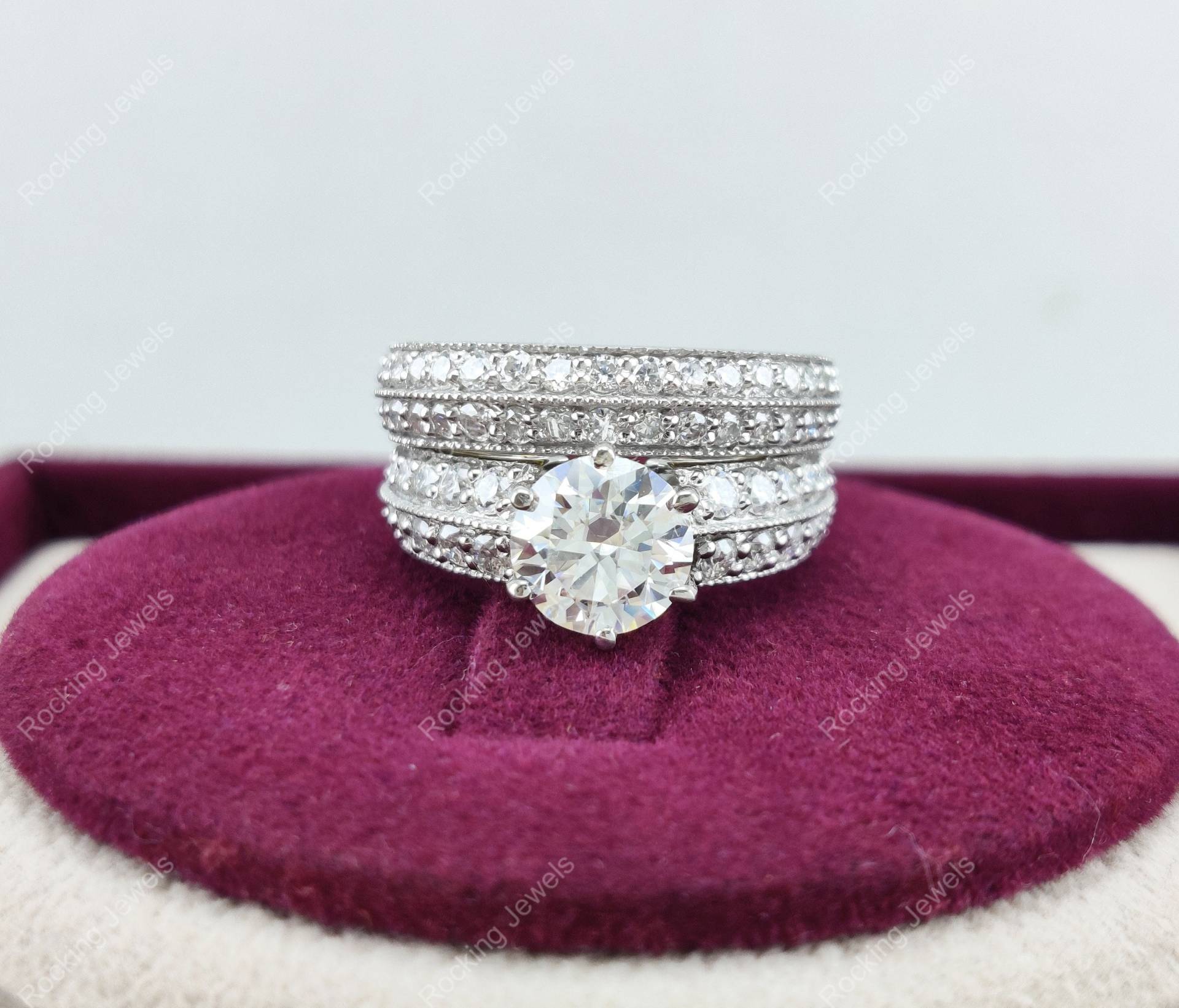 Moissanit Ehering Set, Brautring Set Für Frauen, Art Deco Vintage Verlobungsring Zweifarbig Silber Ring Geschenk Sie von RockingJewels