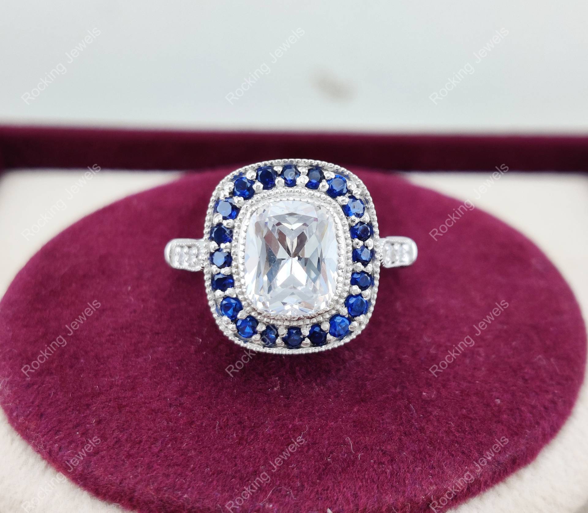 Saphir Und Diamant Halo Verlobungsring, Art Deco Vintage Milgrain Ring, Einzigartige Versprechensringe Für Frauen, 925 Silber von RockingJewels